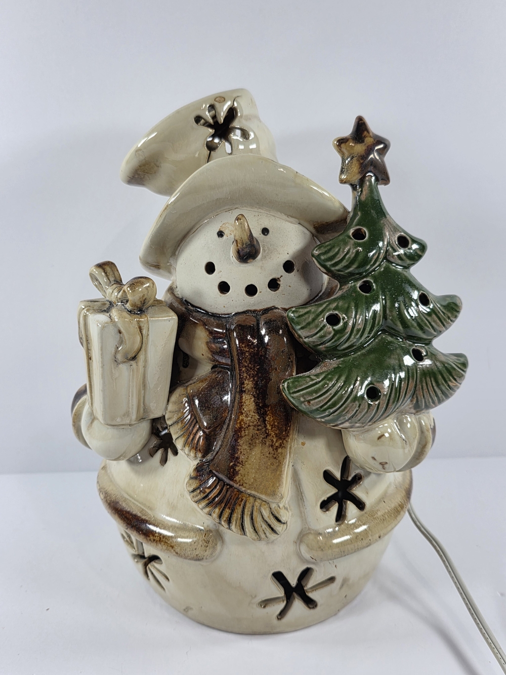Christmas Glazed Ceramic Snowman Lighted Figure With Decorative Cutouts 10"